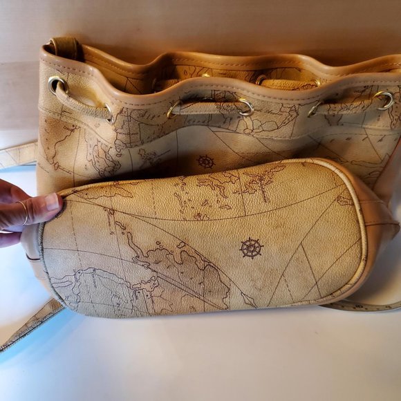 Maskof Italy Vintage World Map Bucket Bag Tan Neutral Vegan Leather - Picture 8 of 14